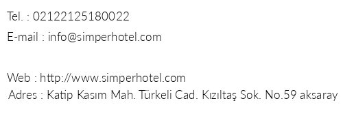 Simper Hotel telefon numaralar, faks, e-mail, posta adresi ve iletiim bilgileri